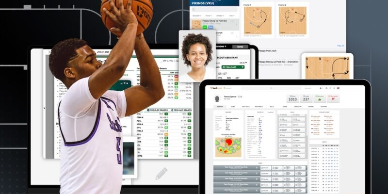 A basketball player shooting, with several reports and stats overlaid in the background.