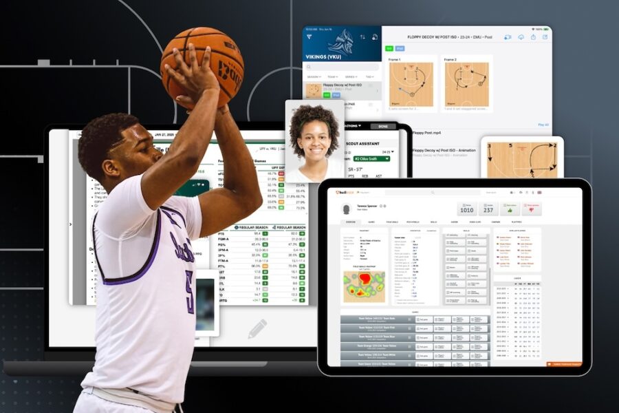 A basketball player shooting, with several reports and stats overlaid in the background.