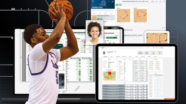 A basketball player shooting, with several reports and stats overlaid in the background.