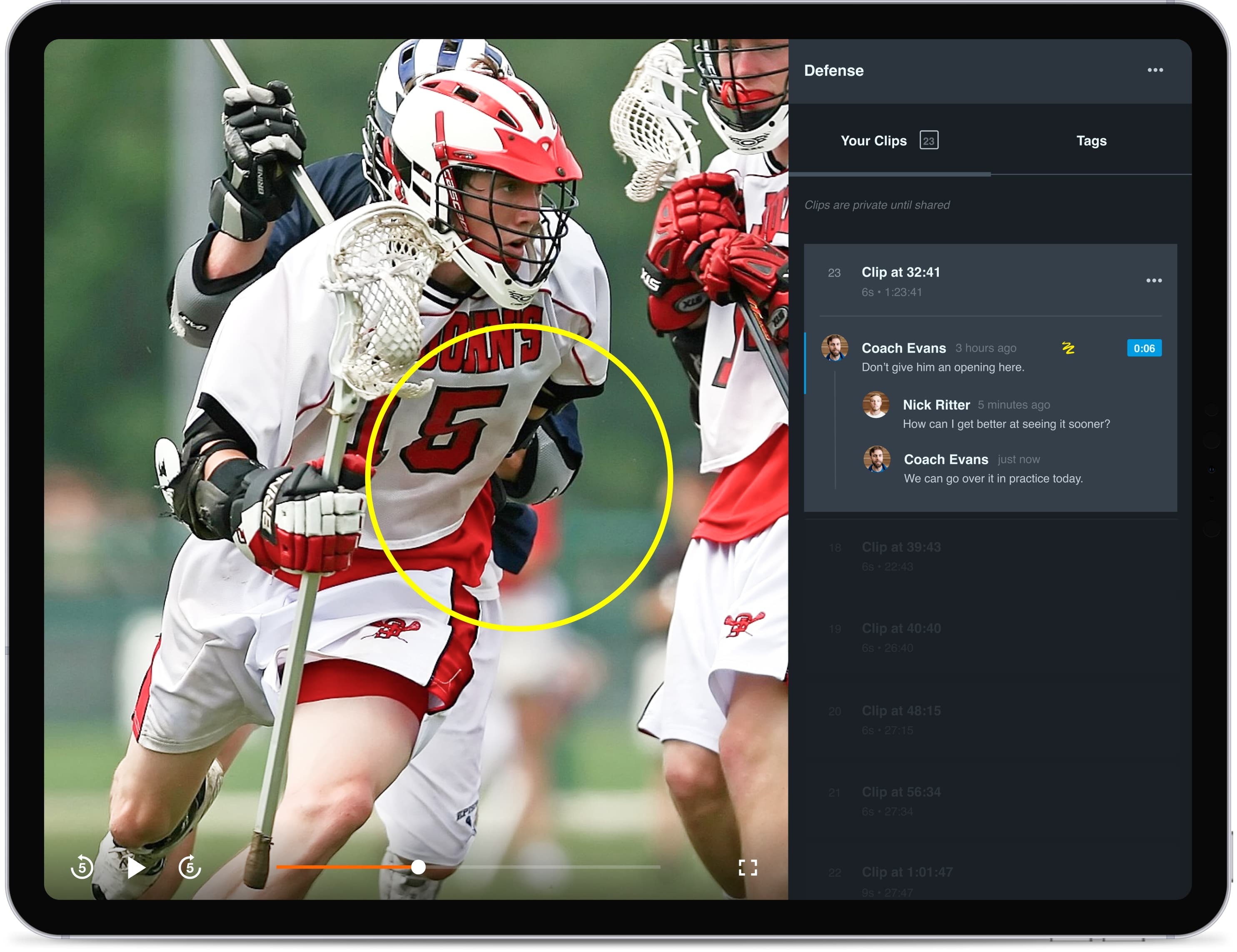 An tablet showing a lacrosse video within Hudl