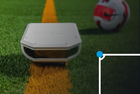 Photoillustration of a Hudl Focus Flex portable camera on a soccer pitch, next to a soccer ball, with an overlay illustrating the calibration process of identifying the corners of the pitch.