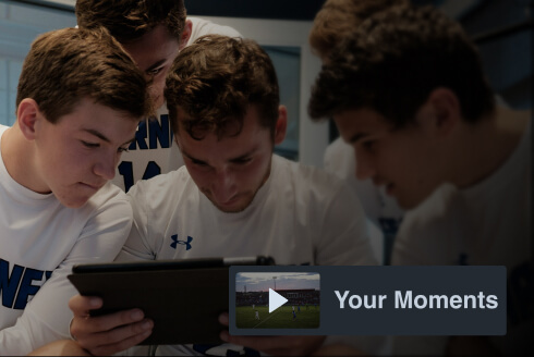 Photoillustration of a group of male high school athletes gathered around an iPad, with an overlay of a playlist titled, 'Your Moments'.