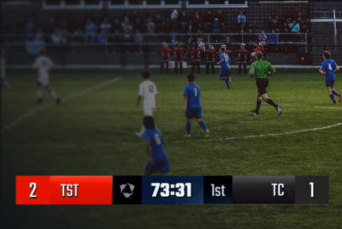 Example of a livestreaming soccer match with a scoreboard overlay in the lower third.
