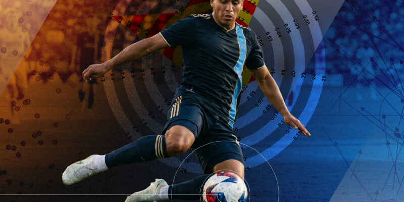 A soccer player in a navy blue kit is captured mid-action striking a ball, overlaid with a large circular radar chart showing performance metrics and statistical data. The background features stylized tactical diagrams with directional arrows and player position markers in orange and blue.