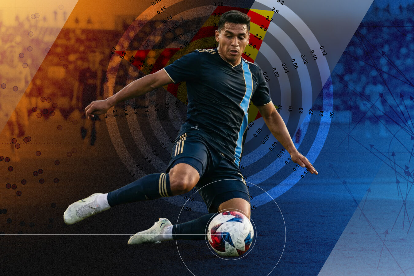 A soccer player in a navy blue kit is captured mid-action striking a ball, overlaid with a large circular radar chart showing performance metrics and statistical data. The background features stylized tactical diagrams with directional arrows and player position markers in orange and blue.