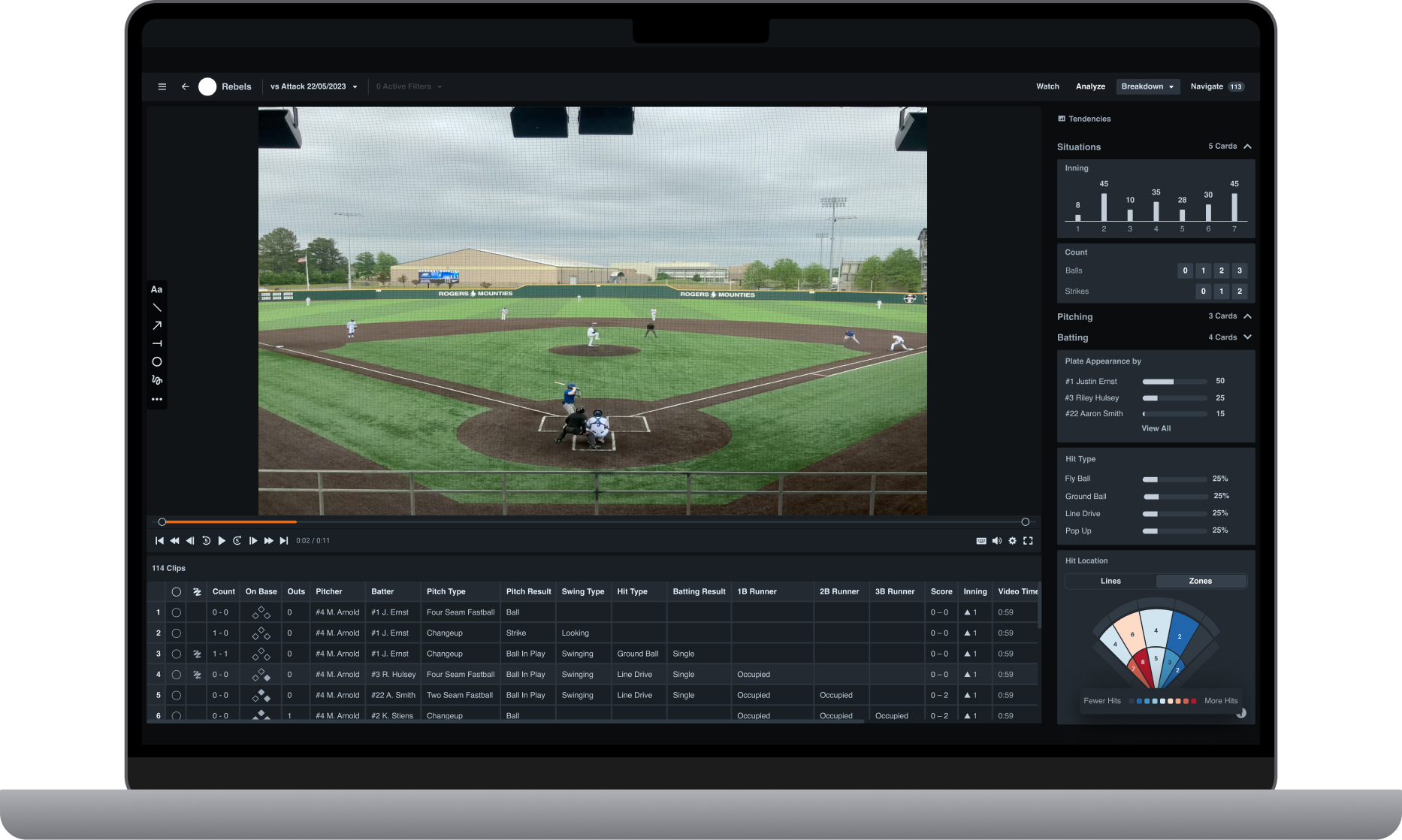 A laptop showing Hudl’s reporting interface, with detailed data from Assist tied directly to your video of the game.