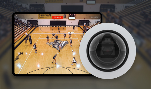 A focus point camera and an tablet displaying a video player of a volleyball set.