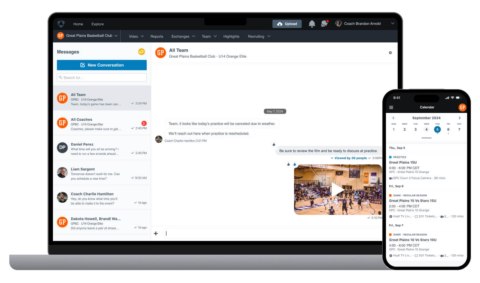 A phone and a laptop displaying the messaging and scheduling interfaces for Hudl.