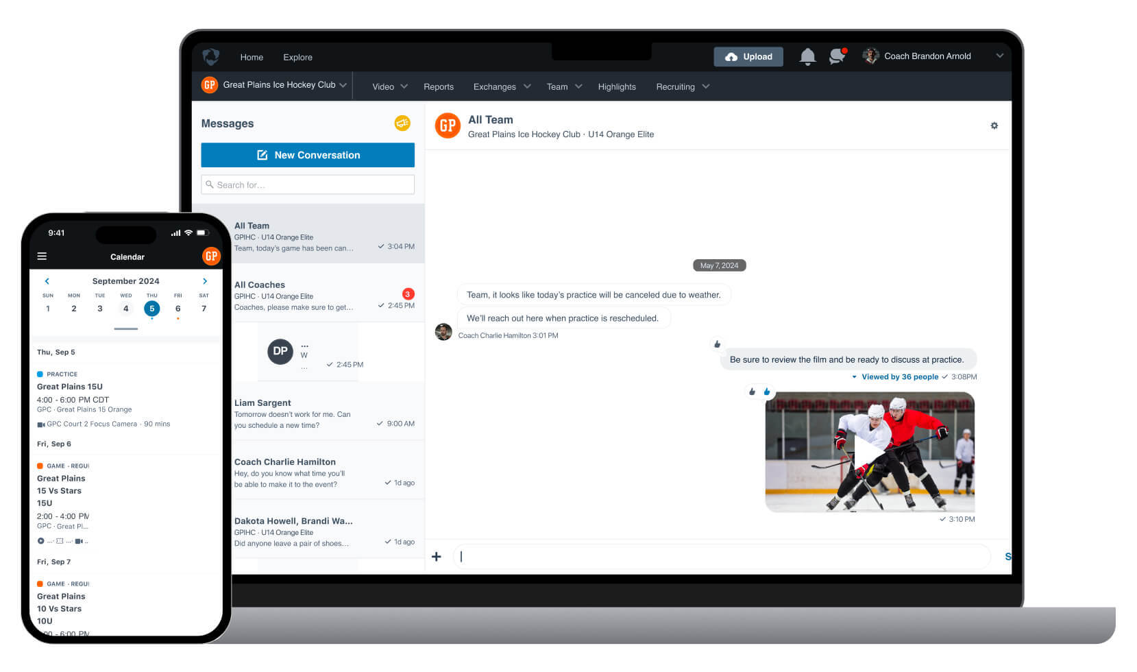 A phone and a laptop displaying the messaging and scheduling interfaces for Hudl.