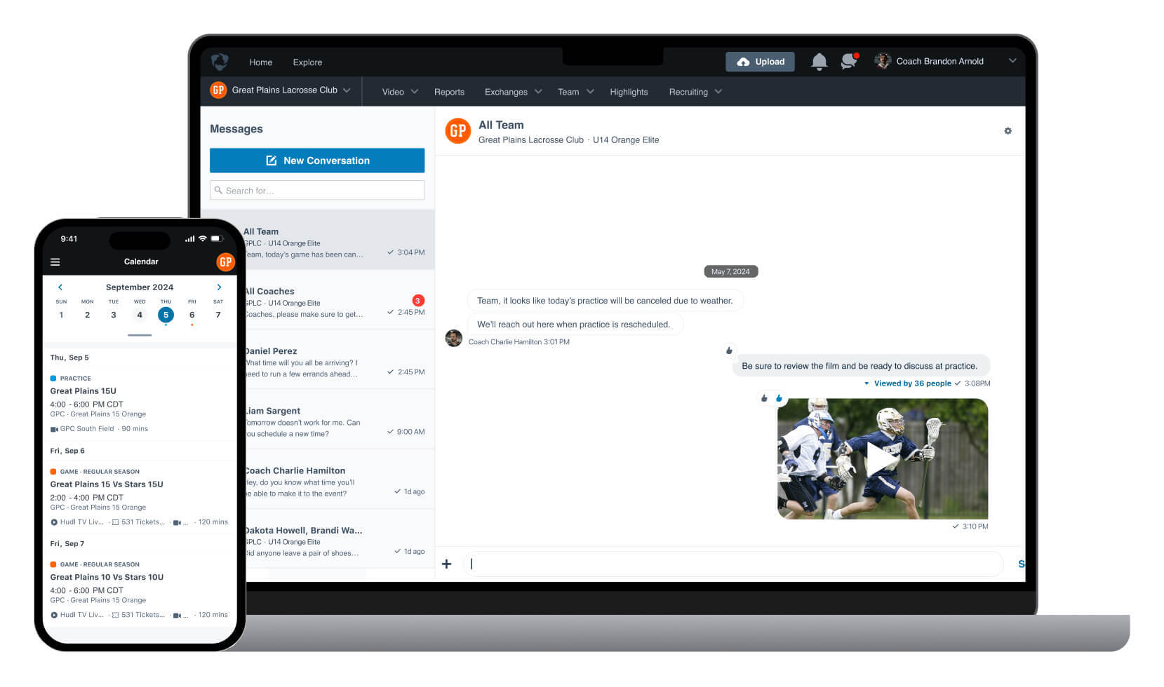A phone and a laptop displaying the messaging and scheduling interfaces for Hudl.