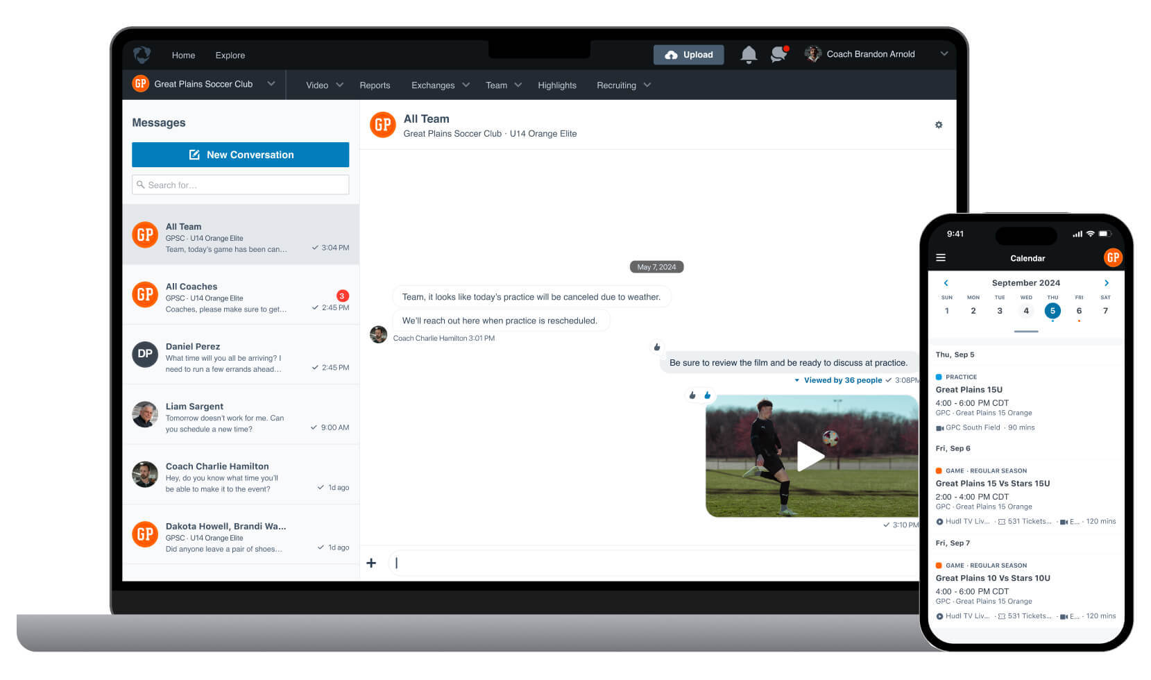 A phone and a laptop displaying the messaging and scheduling interfaces for Hudl.