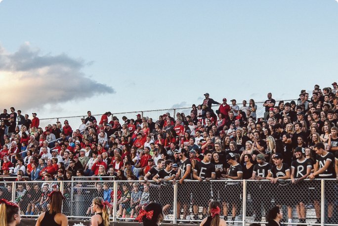 A crowd of fans cheering from the outdoor bleachers.