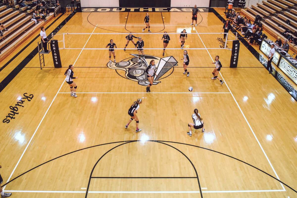 Full-court view of a volleyball court fromt the endline view as might be captured by a Focus Point camera