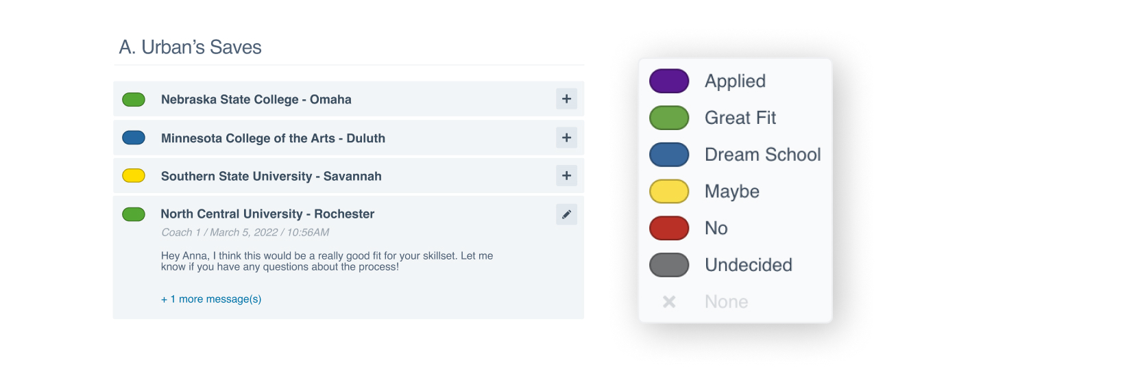 UI of a recruiter's saved list of recruits