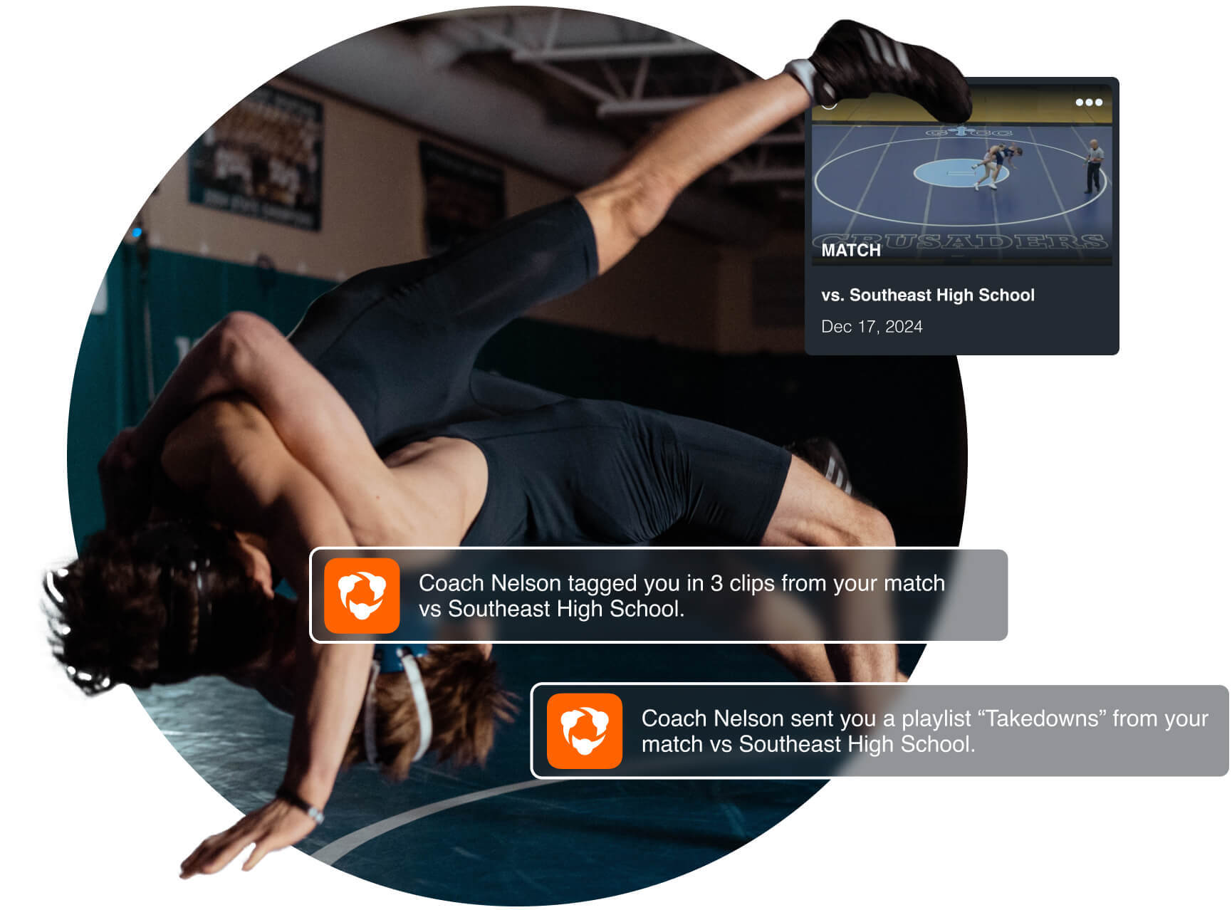 Photoillistration showing athlete notifications about being tagged in video recordings by their coach.