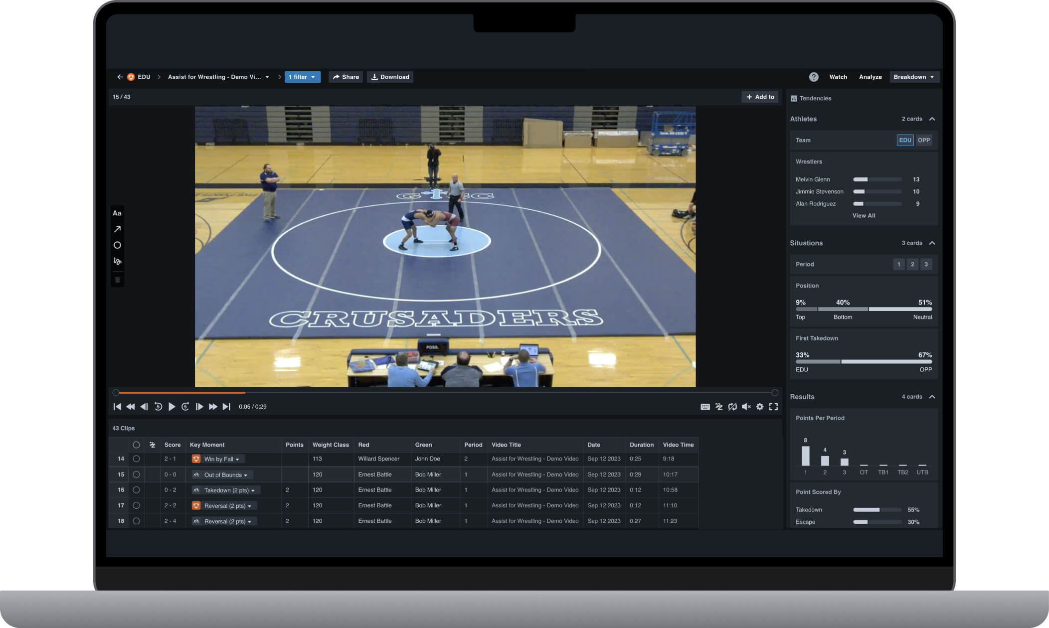 A laptop showing Hudl’s reporting interface, with detailed data from Assist tied directly to your video of the match.