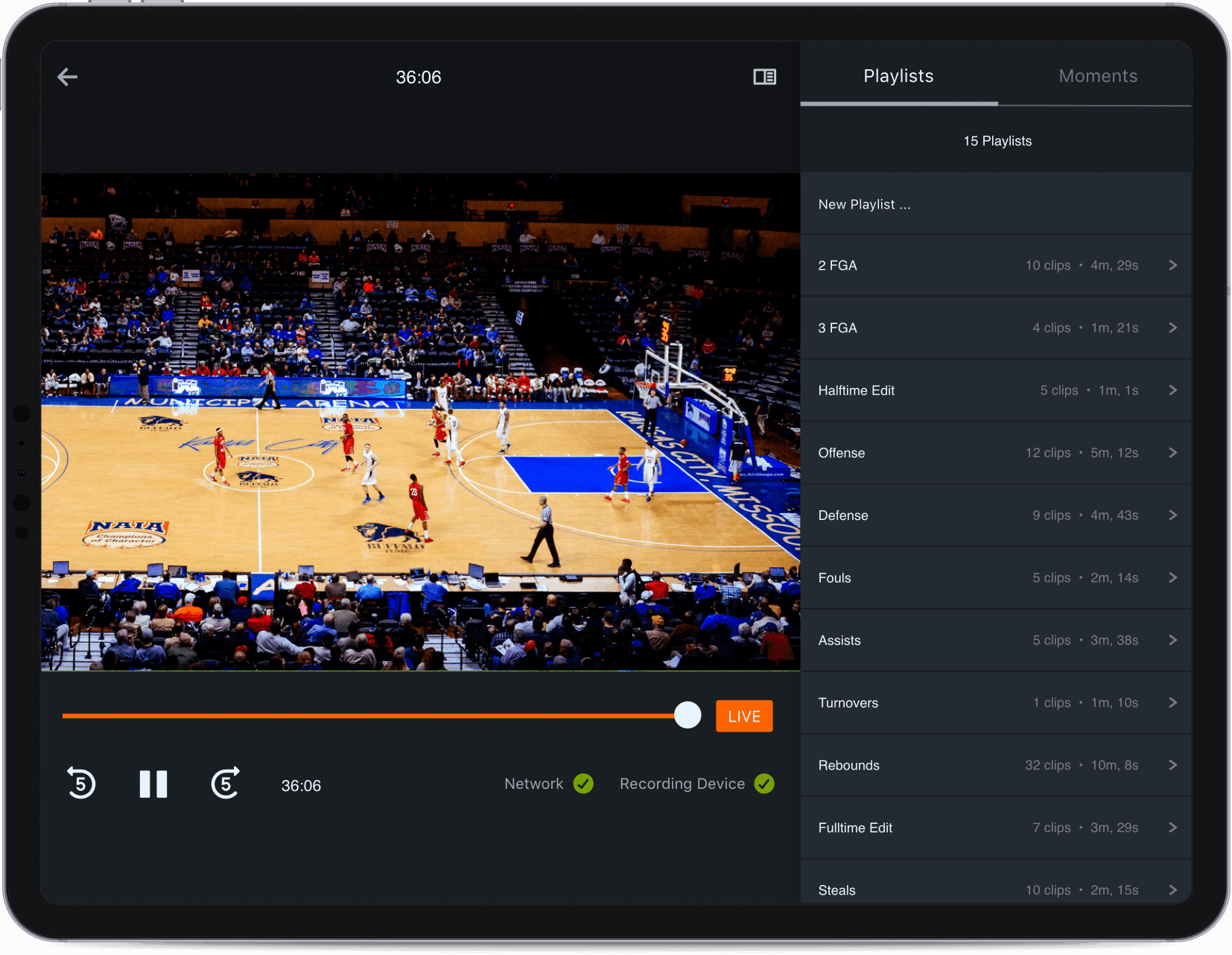 A tablet with the Hudl Replay app open with a live basketball game