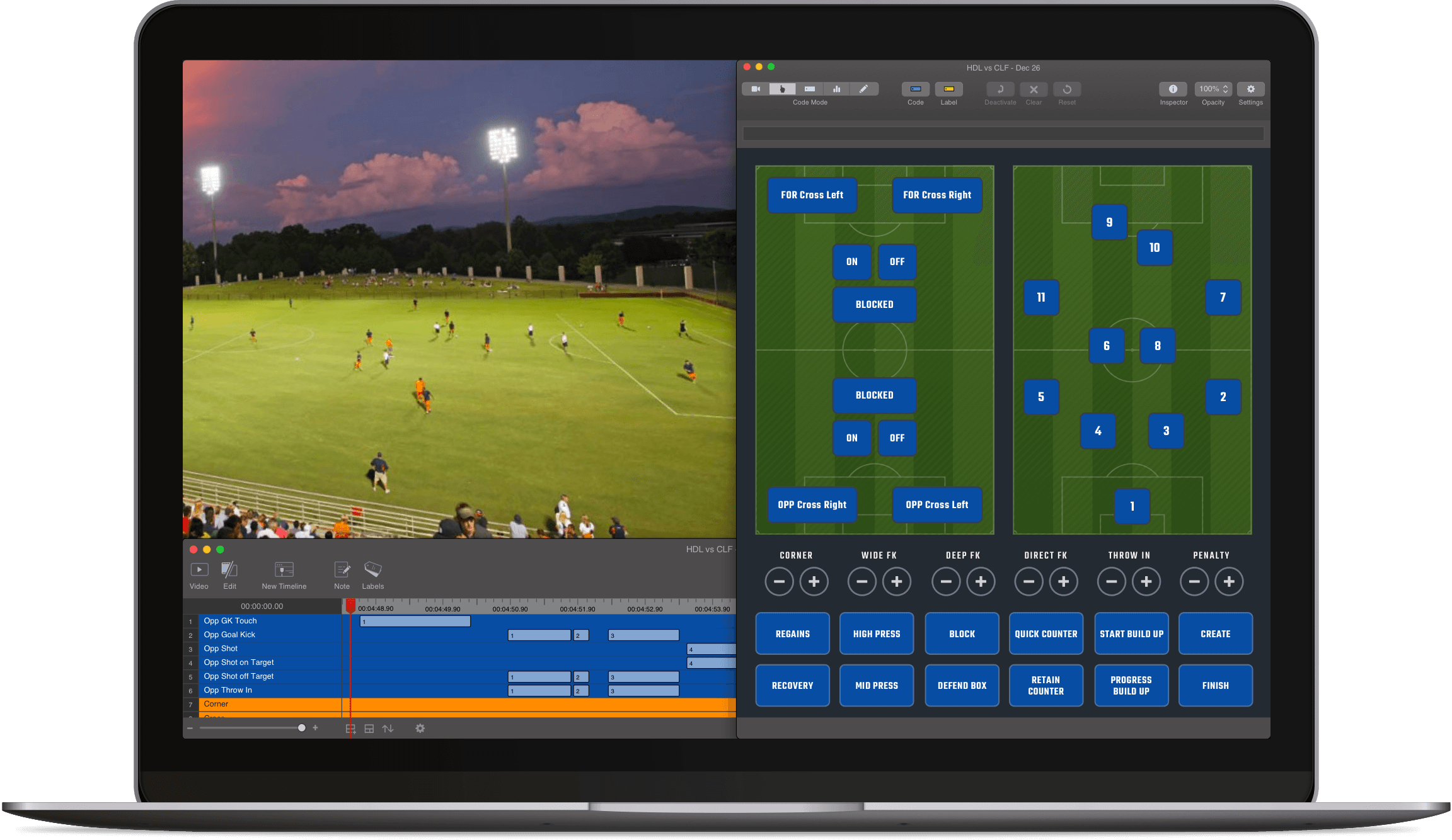 Screenshot of a code window for coding video of a football match