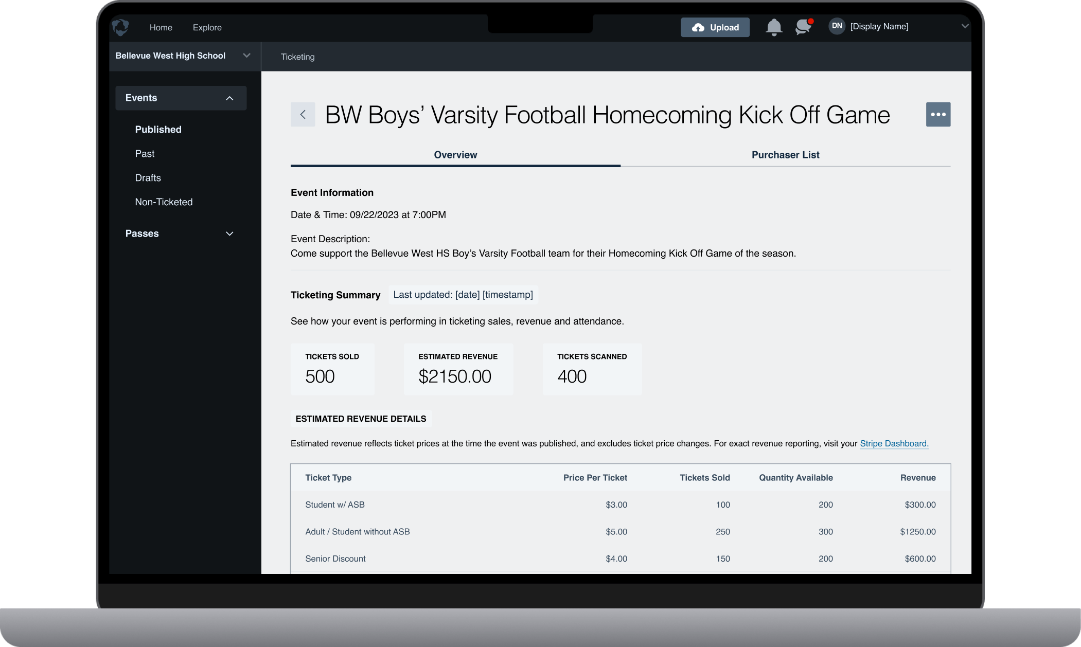 Laptop screen showing event revenue and attendance information from Hudl Tickets