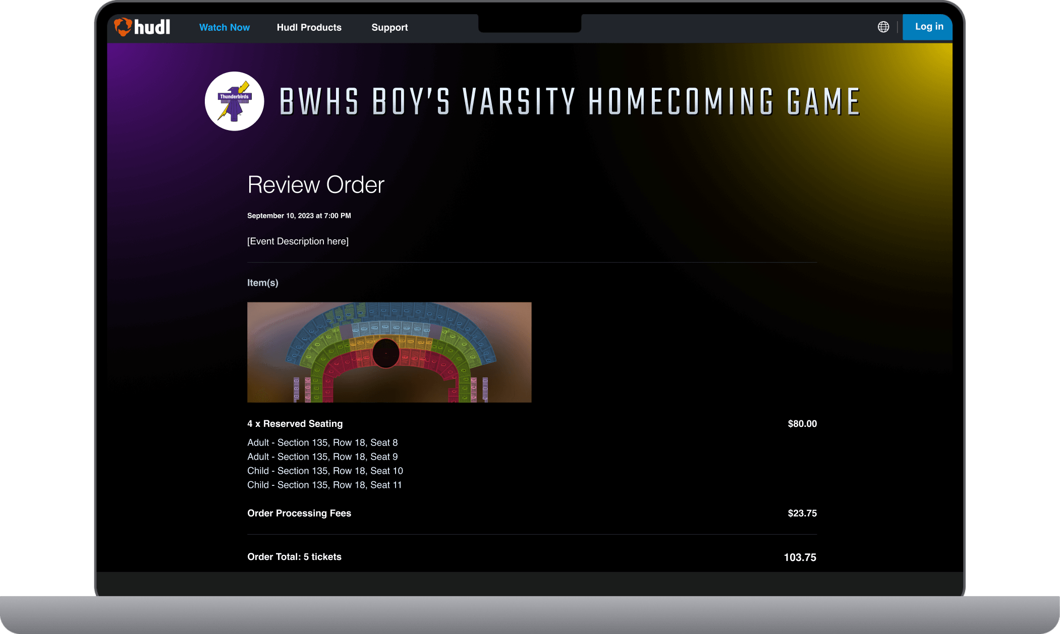 Laptop screen showing a ticket order through Hudl Tickets
