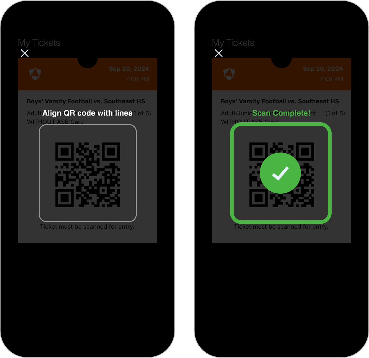 Two phone screens showing Hudl Ticket QR code scanning