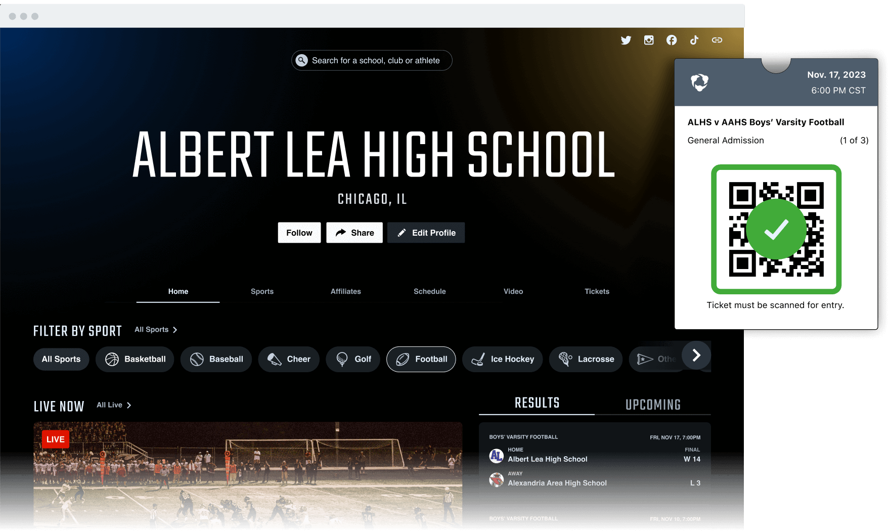 Image of a school profile on Hudl next to a Hudl Ticket confirmation