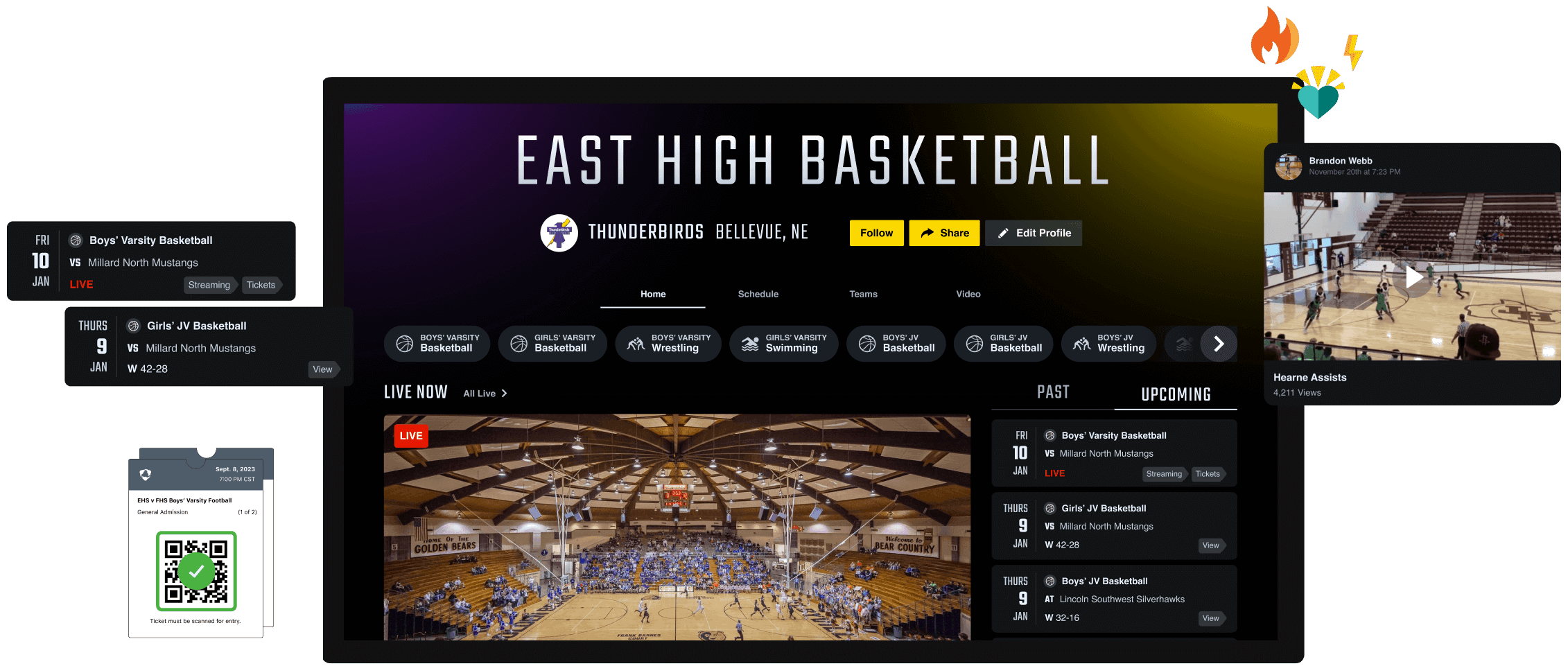 A photoillustration depicting a high school's Hudl profile, highlight videos, livestreaming, scores, schedules, and digital tickets.