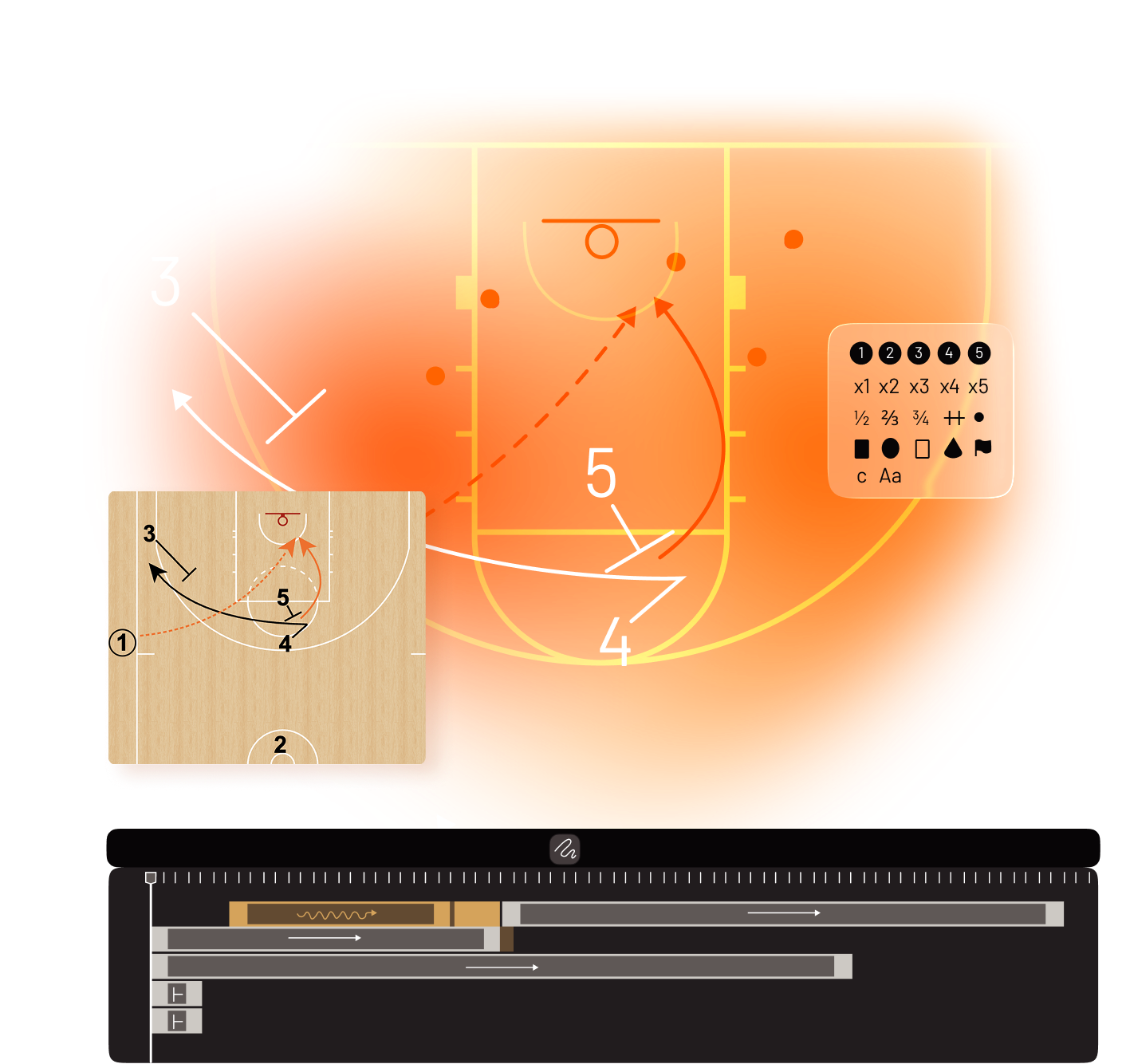 A basketball play diagram creator showing numbered player movements and a frame-by-frame animation timeline.