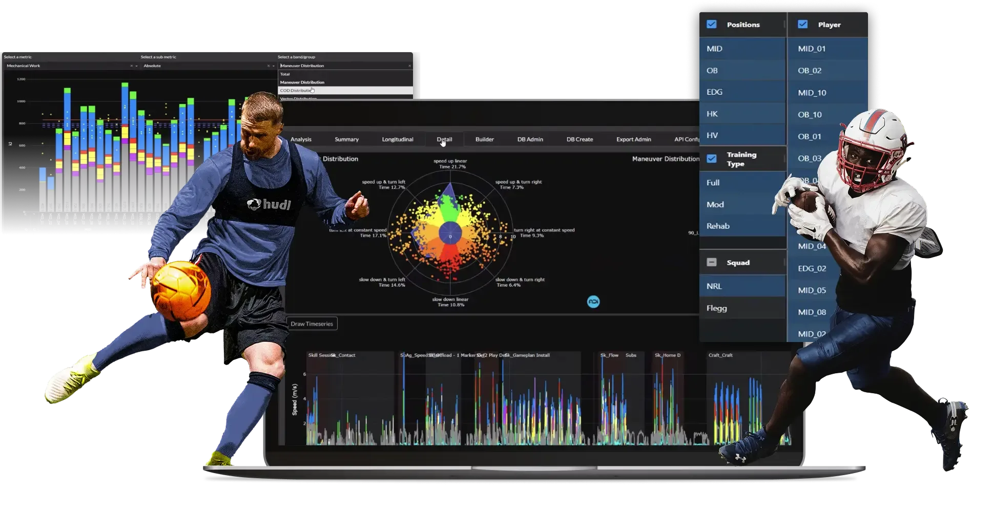 A football player running, overlaid on a laptop displaying the ADI by Hudl interface with Vector and Maneuver Distribution charts, showing athletic data.