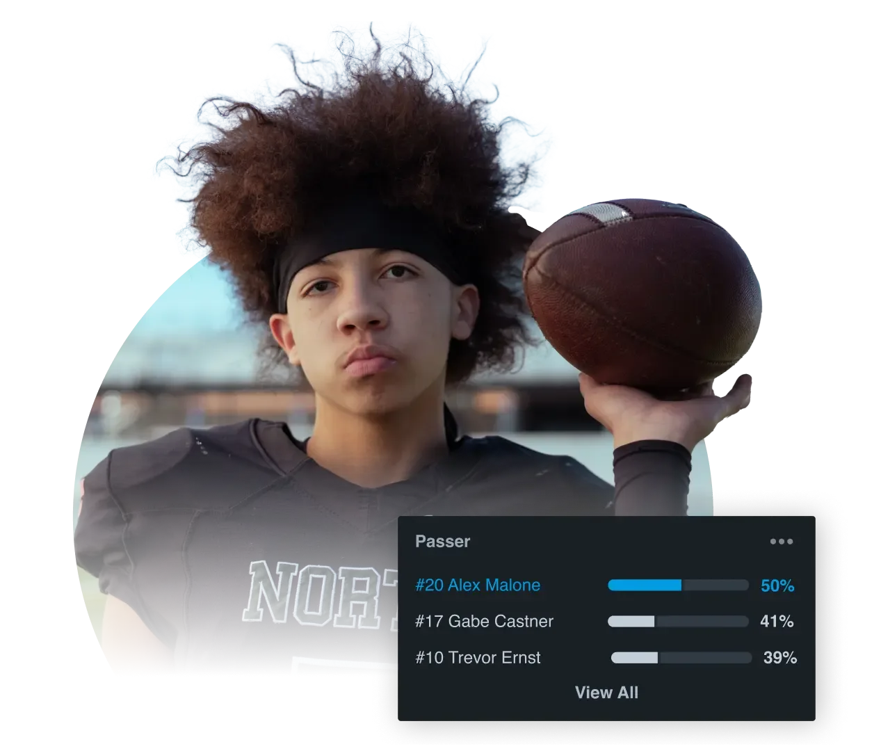 graphic of a football athlete with Hudl player stats on top of him