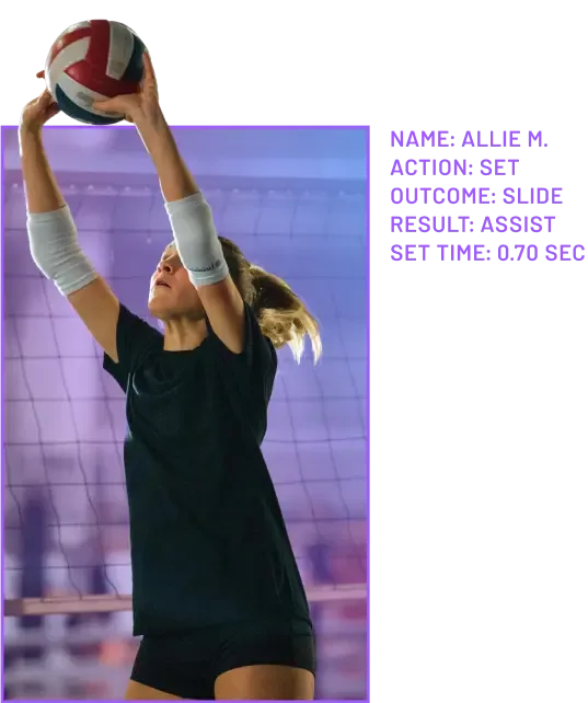 A volleyball player sets a ball next to automatically generated stats including action, outcome, result, and set time.
