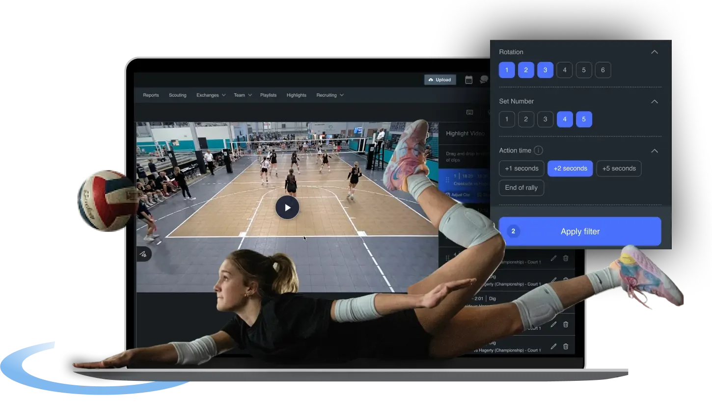 A laptop shows a volleyball match playing on screen, with a player diving in the foreground and a Hudl + Balltime interface for filtering highlights by rotation, set number, and action time.