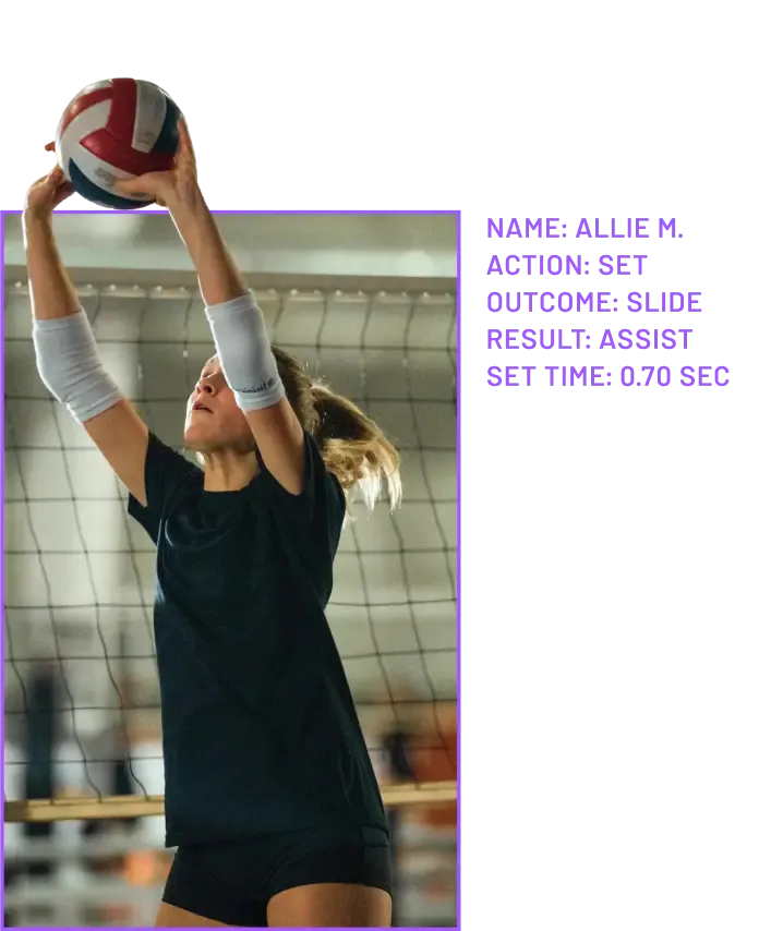 A volleyball player is about to hit a volleyball over the net, with text overlay likely describing the play's action, outcome, result, and set time.