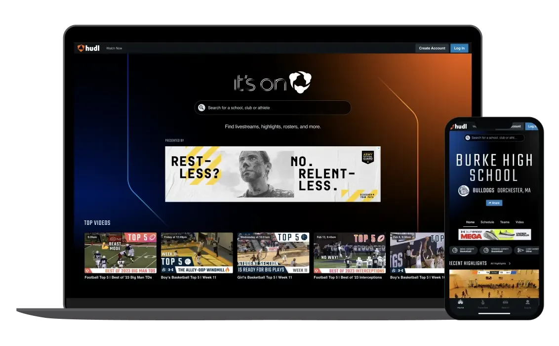 A laptop and a phone showing the Hudl for Fans homepage, showcasing the ad placement.