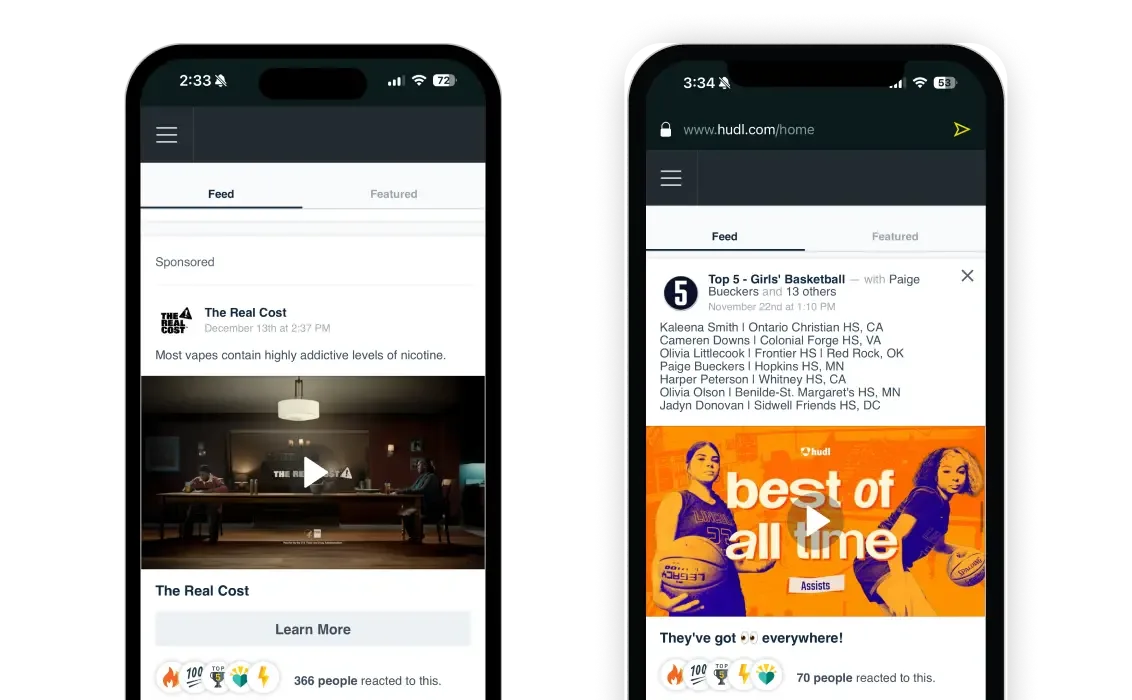 Two phones showing the Hudl app with highlights and sponsored content.
