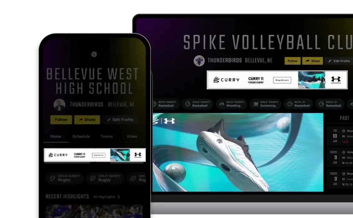 A phone and a laptop showing a Hudl team's fan profile with the ads specifically highlighted.
