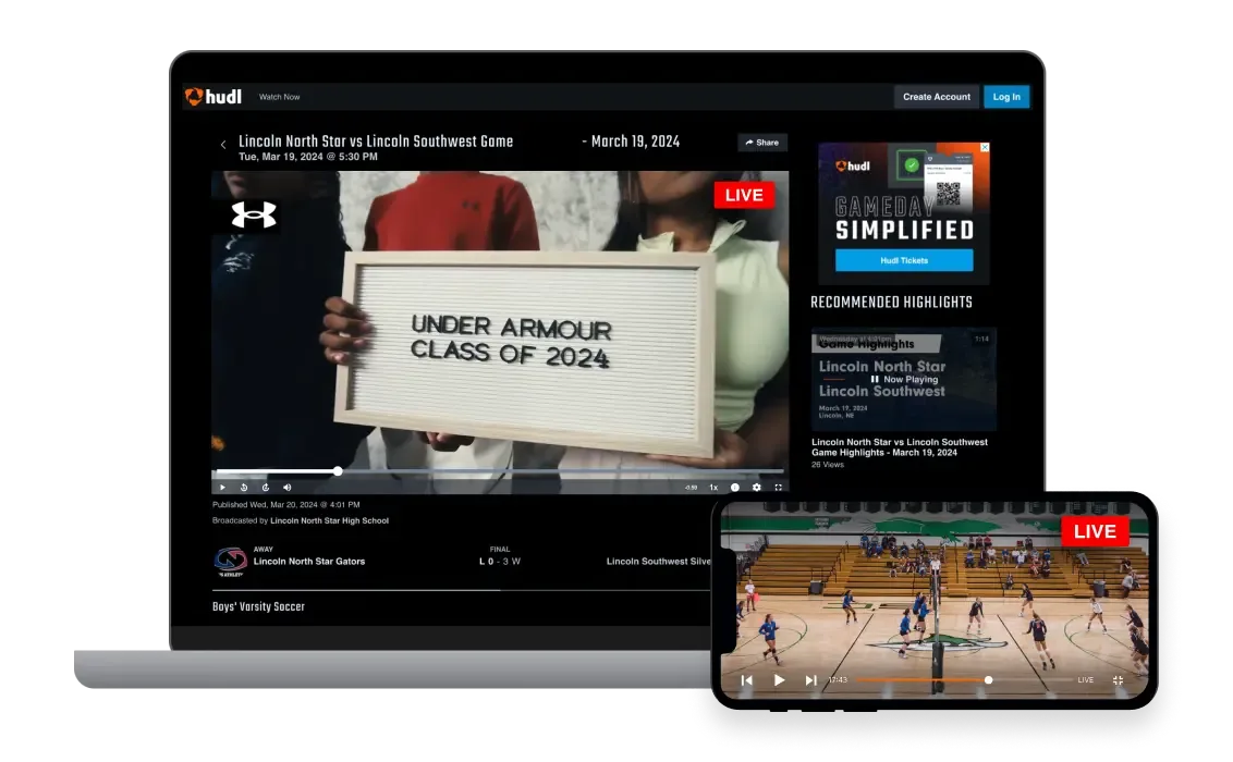 A laptop and a phone displaying the Hudl video streaming player and ad placement.