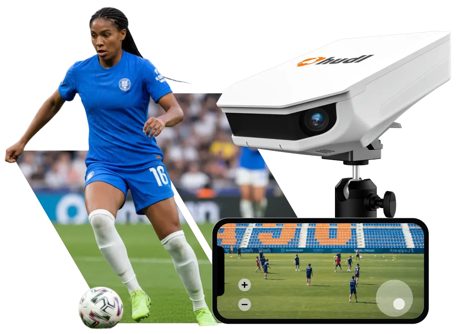 A composite image featuring a female soccer player in a blue uniform with the number 16 dribbling a ball on a field, alongside a white, block-shaped camera device mounted on a tripod and branded with the Hudl logo. Below the camera, a smartphone screen is displayed horizontally, showing a video of a soccer team practicing.