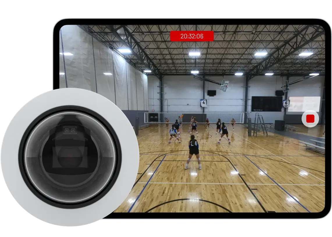 A white Hudl Focus Point camera paired with an iPad, showing live footage from the camera.