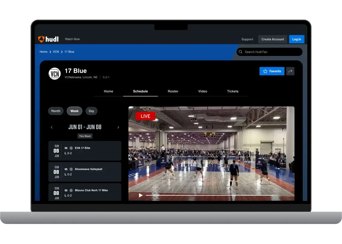 A laptop showing a livestream of a volleyball game on Hudl Fan
