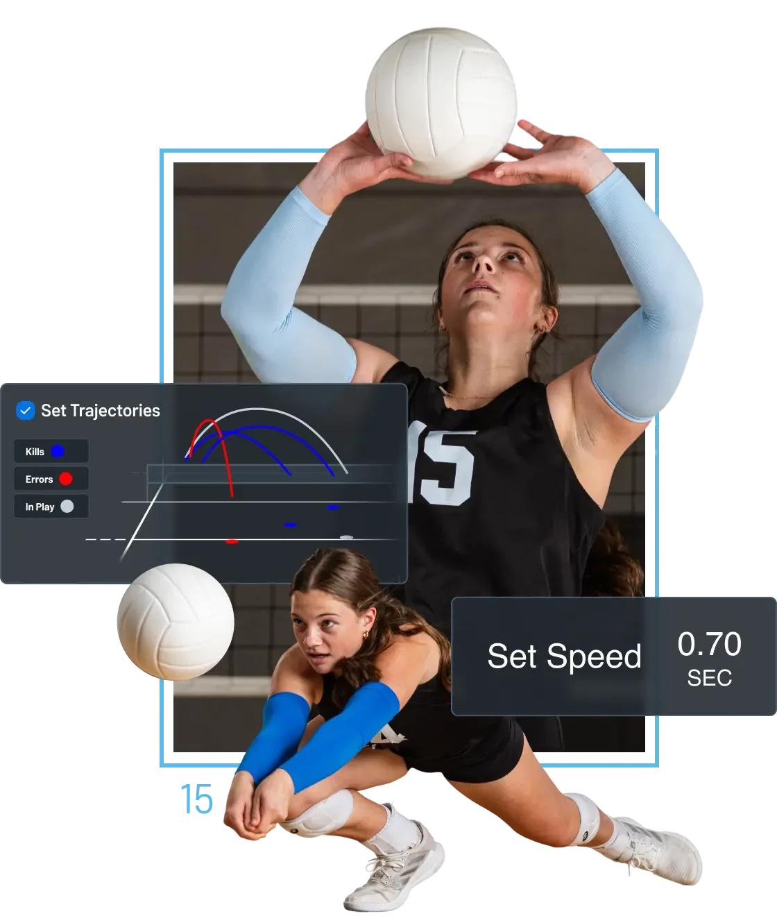 Two volleyball players, one setting a ball paired with a set trajectories stat panel, and another going in for a dig, paired with a panel that shows the speed of the ball.
