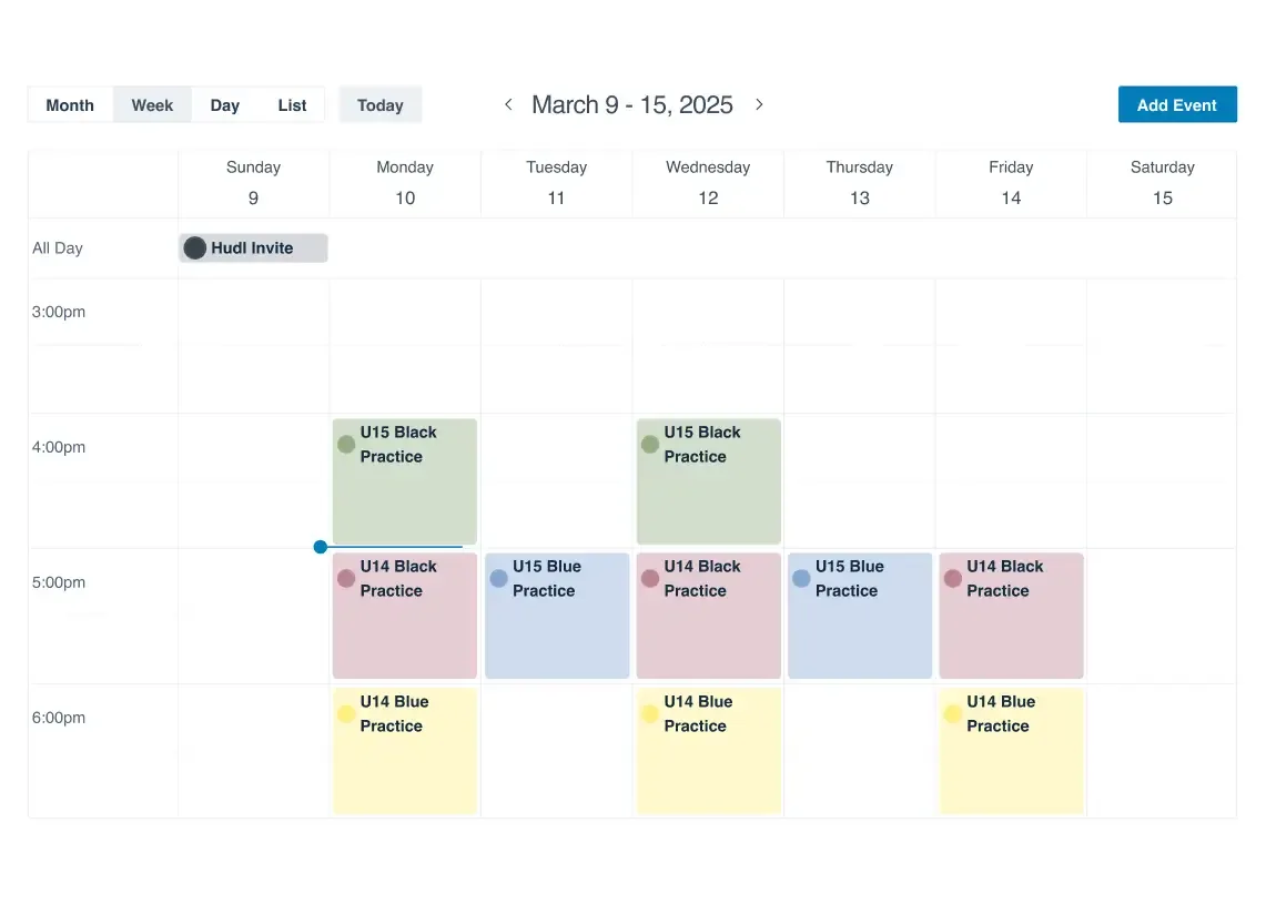 A calendar view of the events page for club volleyball operations