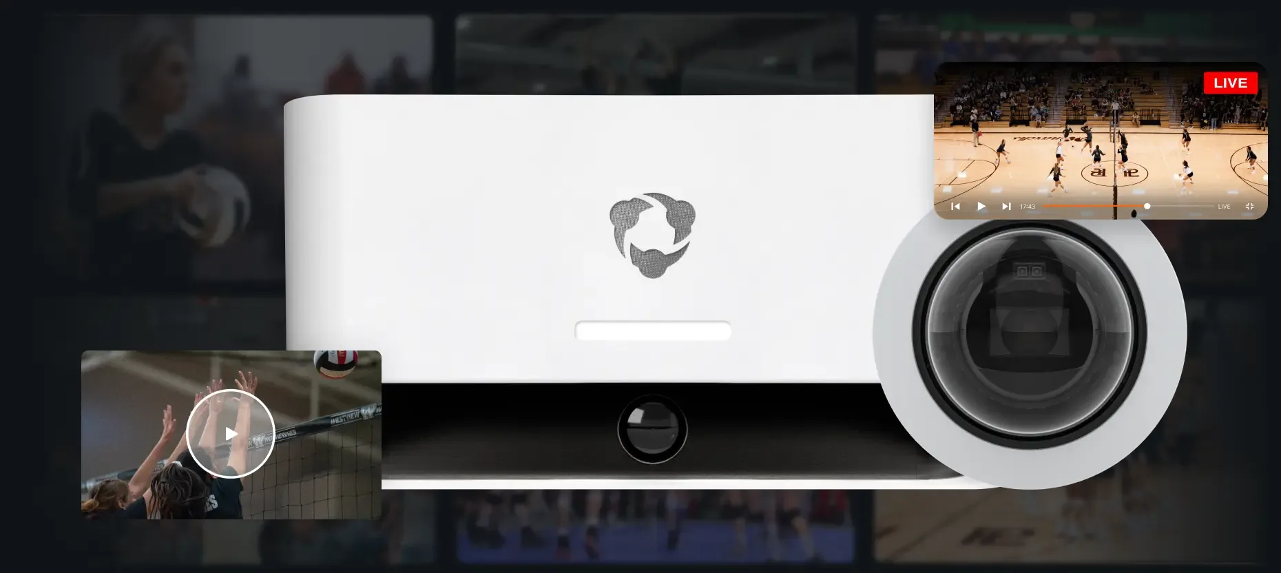 A Hudl Indoor Focus sports camera device is centered against a blurred background of various volleyball scenes. Two inset video thumbnails are overlaid: one in the top-right corner showing a live broadcast of a volleyball game, and one in the bottom-left corner showing a volleyball game with a play button overlay.