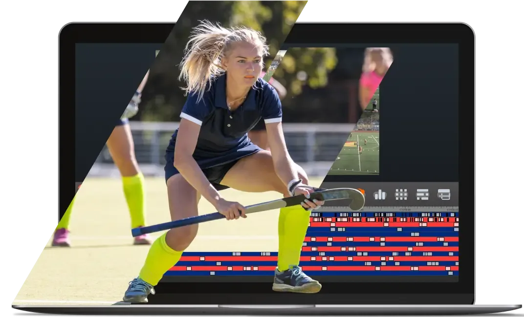 A female field hockey player preparing to hit the ball, with a laptop showing Hudl video analysis tools and data timelines.