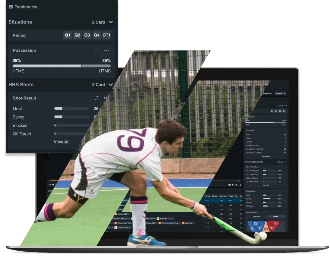 A male field hockey player plays on the field, with a laptop displaying Hudl analysis data including game situations, possession, and shot results.