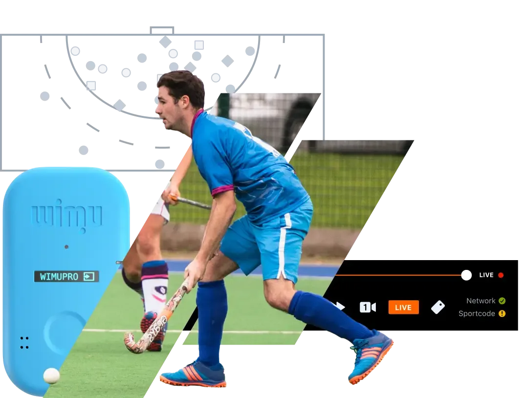 A male field hockey player prepares to hit the ball, with a Wimu pro device on the left and a live video feed interface with network and Sportcode status on the right.
