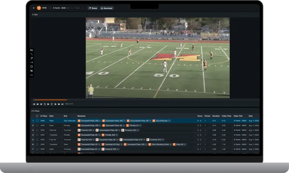 A laptop displaying Hudl software with a field hockey game video and a detailed table of game events and statistics.