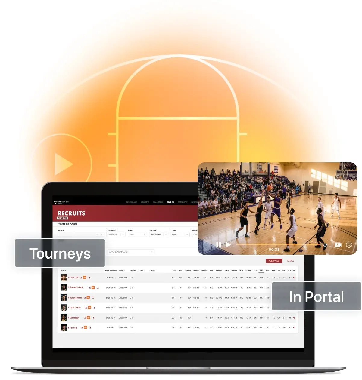 A laptop showing a "Recruits" database with a video overlay of a basketball game and a toggle for "In Portal" status.