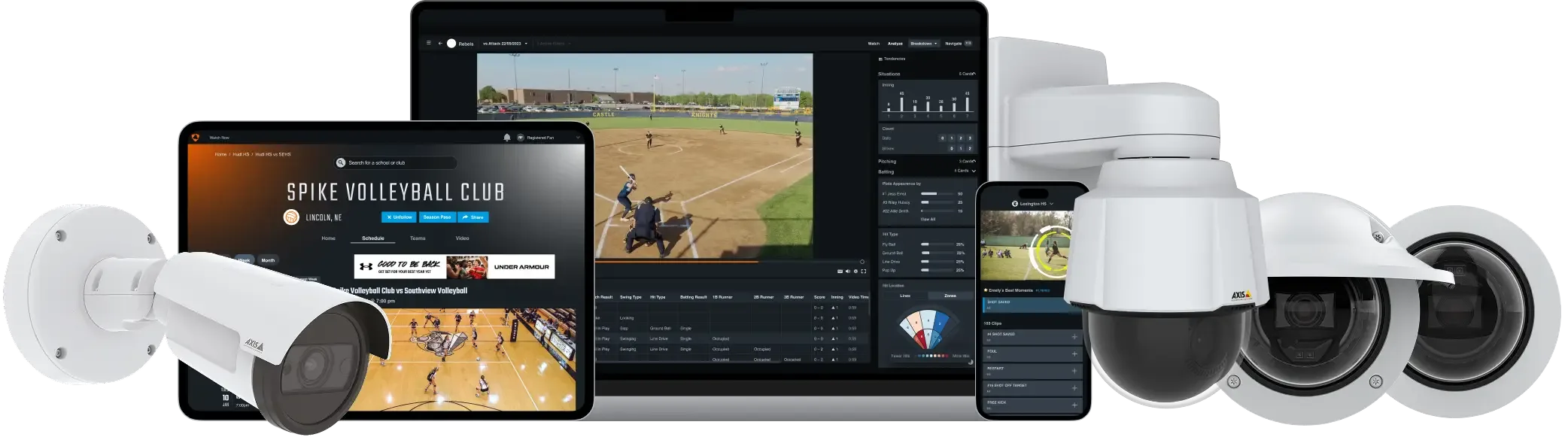 A collection of professional dome, bullet, and PTZ cameras alongside a laptop, tablet, and smartphone displaying match analysis and the Spike Volleyball Club homepage.