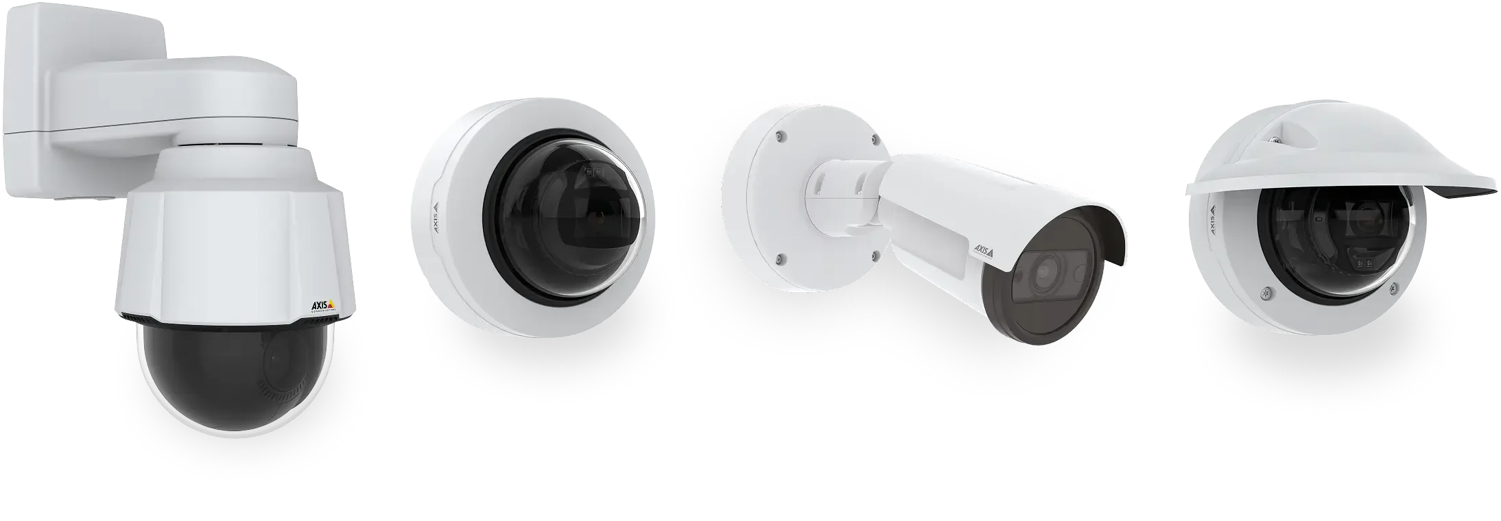 Four different models of white sports-monitoring cameras, including pan-tilt-zoom (PTZ), dome, and bullet-style cameras, shown side-by-side.